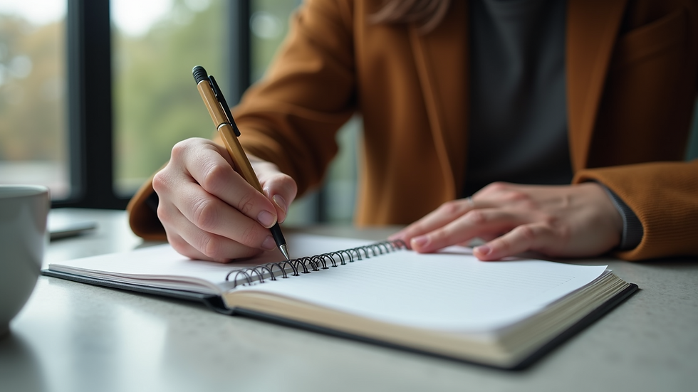 Eye-level view of a person writing goals in a notebook