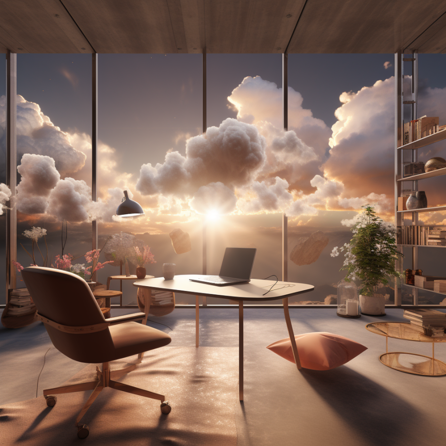 Serene office desk overlooking clouds through floor-to-ceiling window, symbolizing AI-enhanced recruitment processes