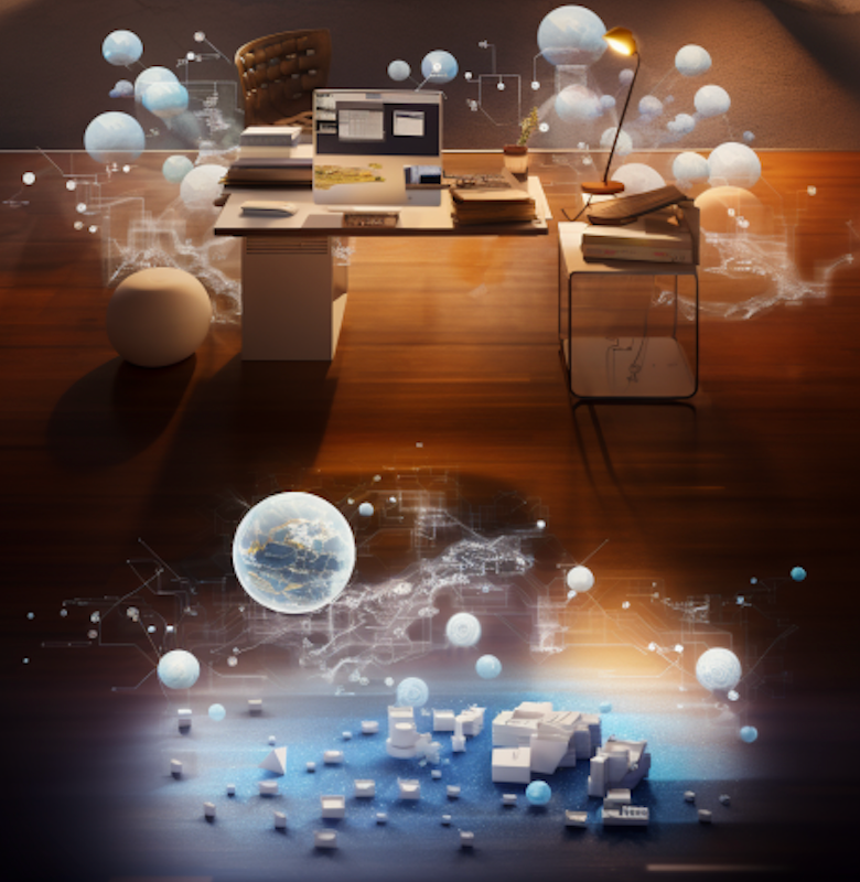 Futuristic desk setup with thought bubbles and astrological mapping in the background, representing brainstorming and futuristic building blocks, related to compensation strategies in HR