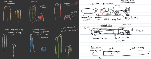 Brainstorming sketches for blade (left) and hilt (right)
