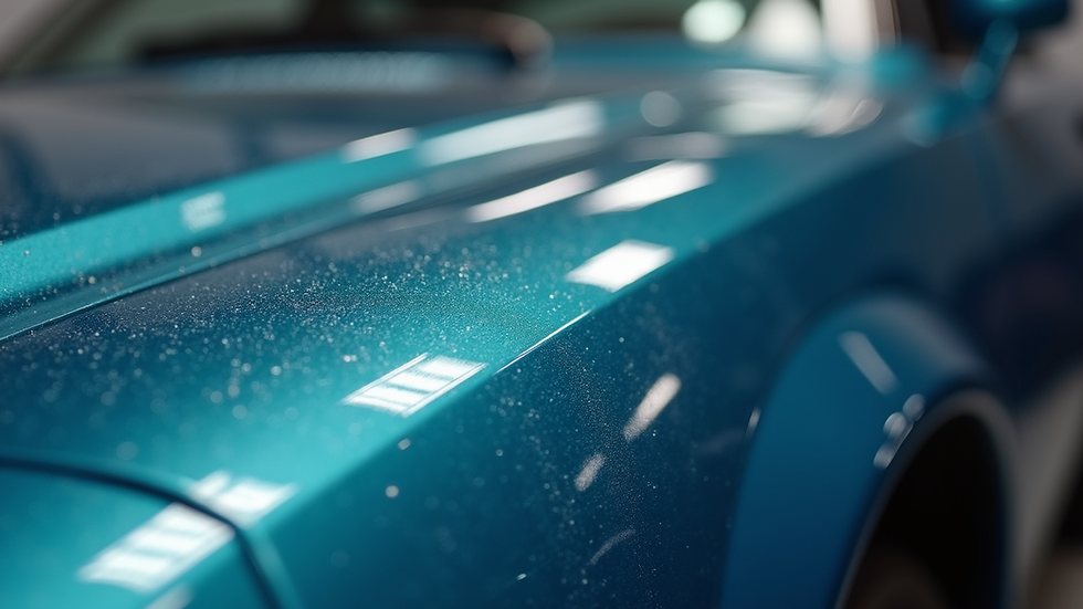 Close-up view of a car’s glossy paint surface after polishing