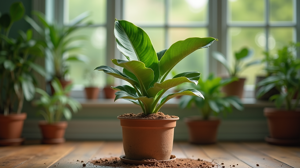 Eye-level view of a tropical aroid plant potted in chunky aroid mix soil