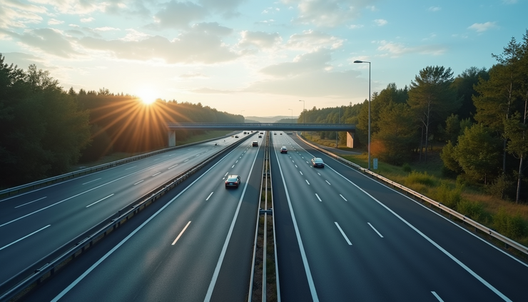 High angle view of a European highway equipped with smart road infrastructure for autonomous vehicles