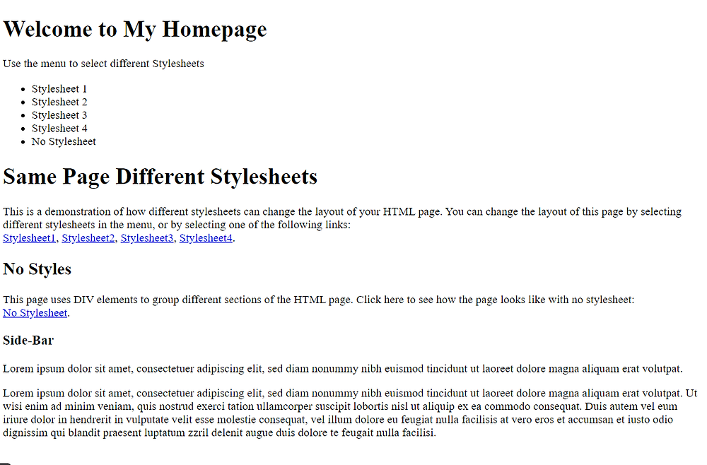 trang web No stylesheet và khi sử dụng ngôn ngữ CSS