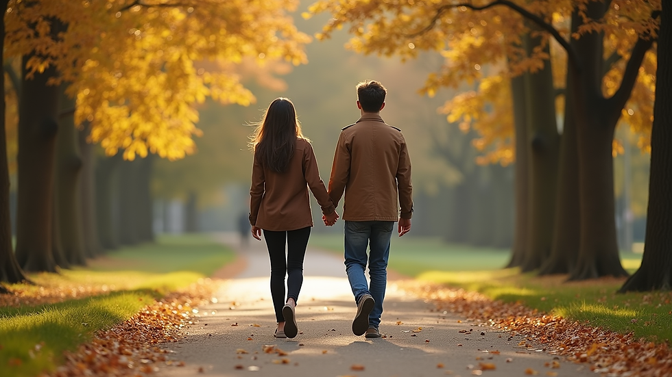 eye-level view of a couple walking hand in hand in a park