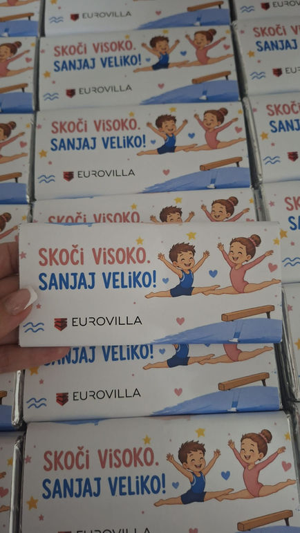 čokolada, sponzor, sponzori, gimnastika, europsko prvenstvo, arena, arena zagreb, čokolada za djecu, poklon čokolada za djecu, personalizirana čokolada, eurovilla, agencija za nekretnine, sponzorska čokolada