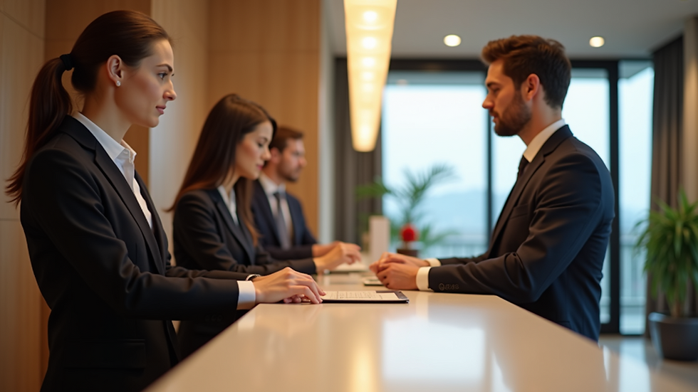 Eye-level view of a hotel reception desk with staff ready to assist guests