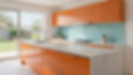 Modern orange kitchen with white island. Kitchen Excellence.