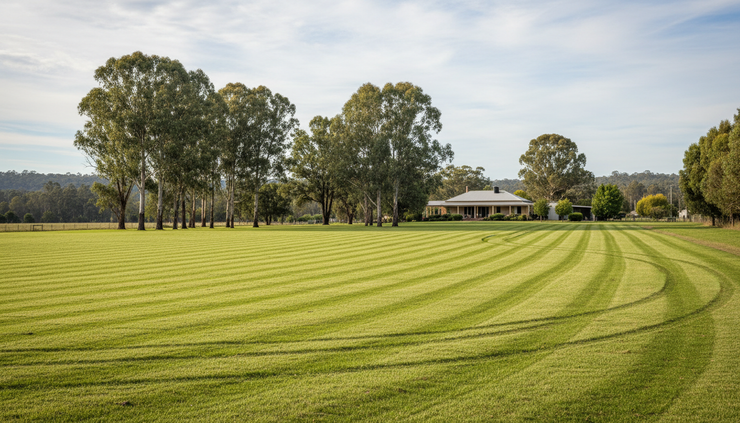 Eye-level view of freshly mown lines across a broad acreage lawn.