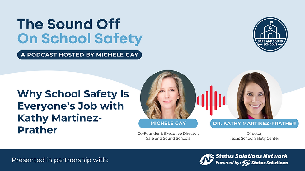 Podcast on school safety, hosted by Michele Gay with Kathy Martinez-Prather. Features their portraits, logo, and podcast title in blue theme.