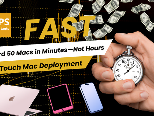 Jamf Pro zero-touch Mac deployment graphic showing stopwatch, Apple devices, and text: Onboard 50 Macs in Minutes—Not Hours.