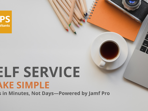 Jamf Pro Self Service app deployment graphic showing laptop, coffee cup, and text: Self Service Made Simple—Apps in Minutes, Not Days.