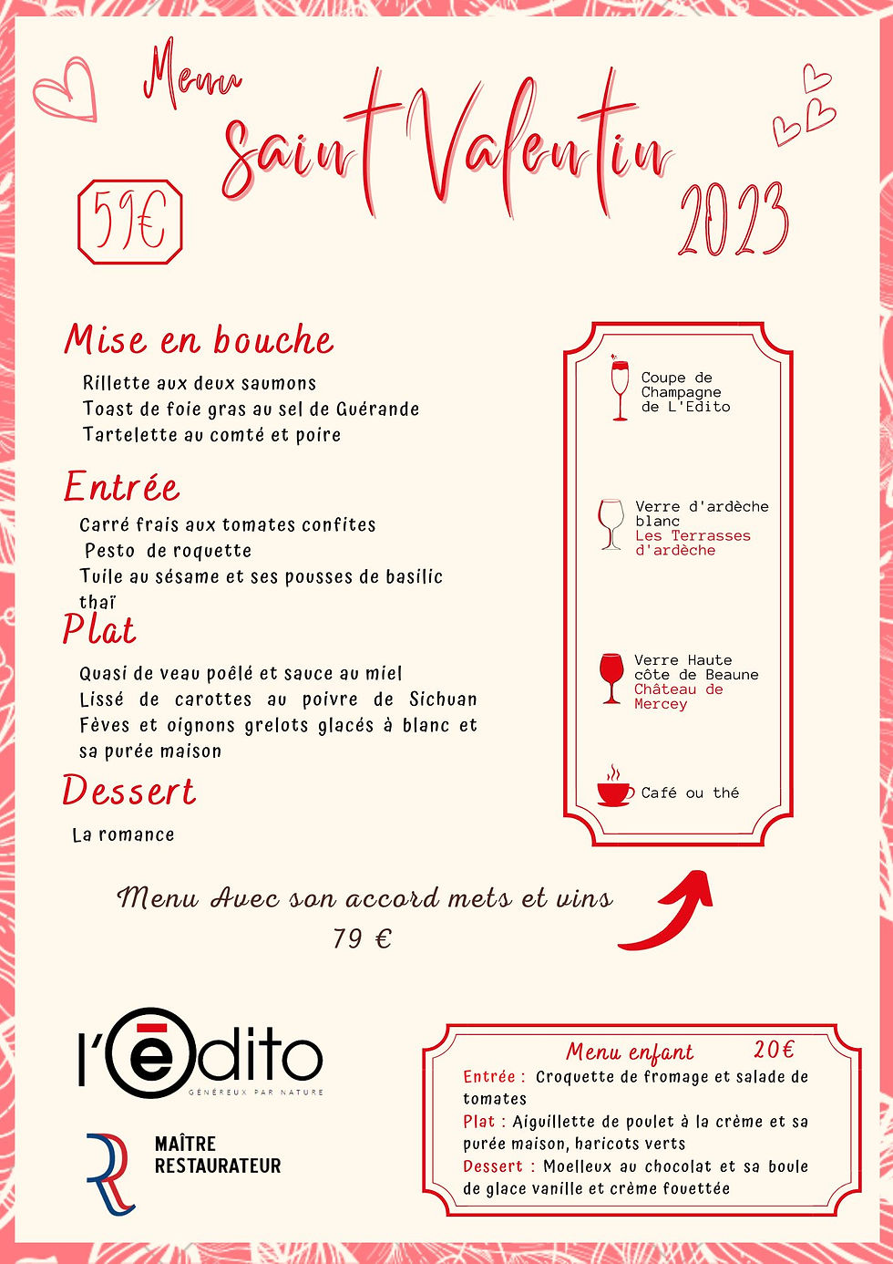menu spécial 14 février proposé par le restaurant saint valentin valenciennes