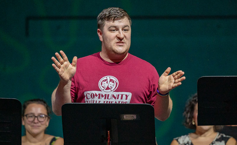 L/A Community Little Theatre Executive Director Brandon Chaloux welcomes the audience Friday night at the Auburn theater.