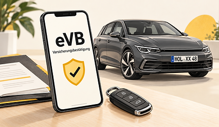Illustration eines Smartphones mit eVB-Anzeige, Autoschlüssel und Fahrzeugunterlagen vor einem grauen Auto mit Kennzeichen HOL XX 48.