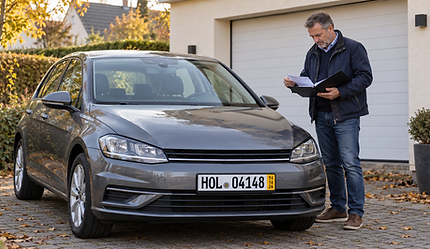 Grauer Pkw mit Kurzzeitkennzeichen und gelbem Datumsfeld; daneben prüft ein Mann die Fahrzeugunterlagen auf einer privaten Einfahrt.