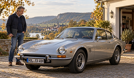 Silbergrauer klassischer Sportwagen mit H-Kennzeichen vor einer gepflegten Garage; daneben steht ein Besitzer mit einer Dokumentenmappe.