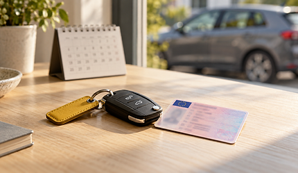 Autoschlüssel und Führerscheinkarte neben einem Kalender, im Hintergrund ein unscharf erkennbares Auto.