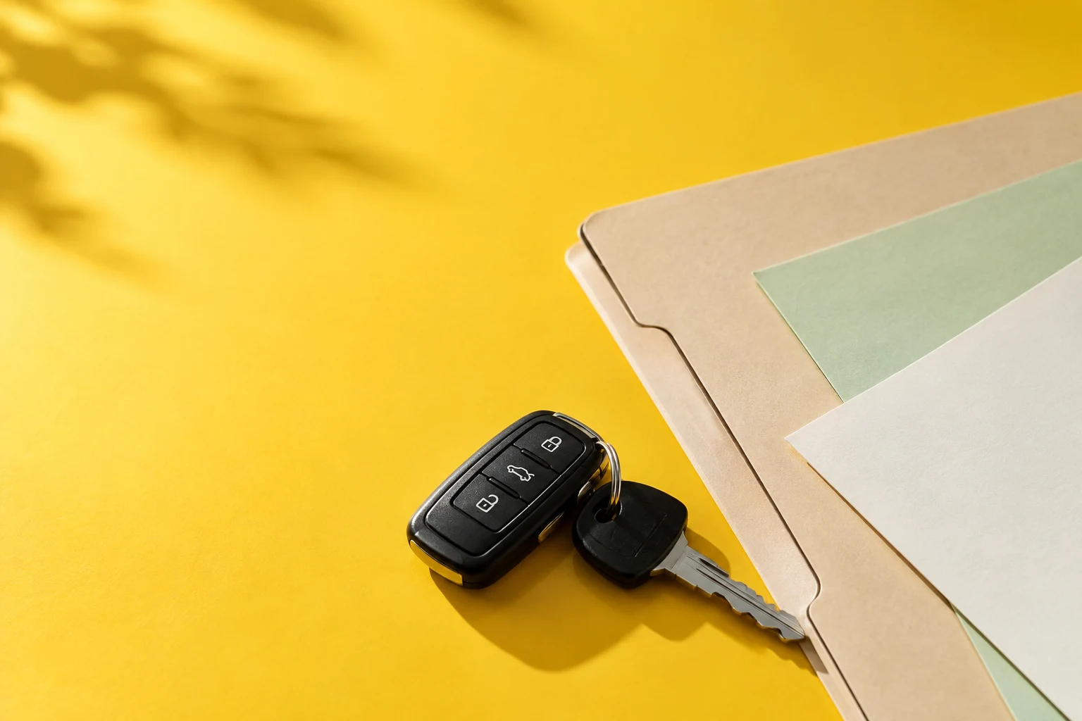 Autoschlüssel und eine Mappe mit Papieren auf einer gelben Tischfläche