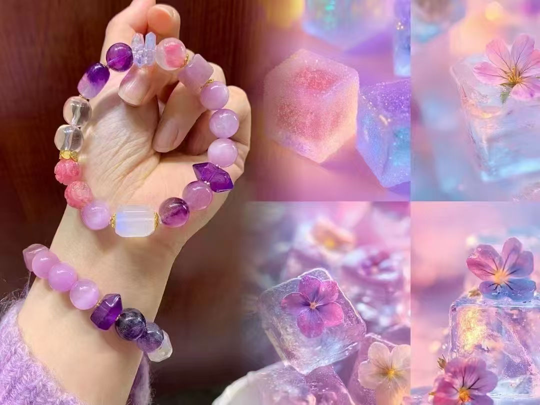 Multigem Energy Bracelet – Purple Super Seven & Pink Crystal Mix (11mm)