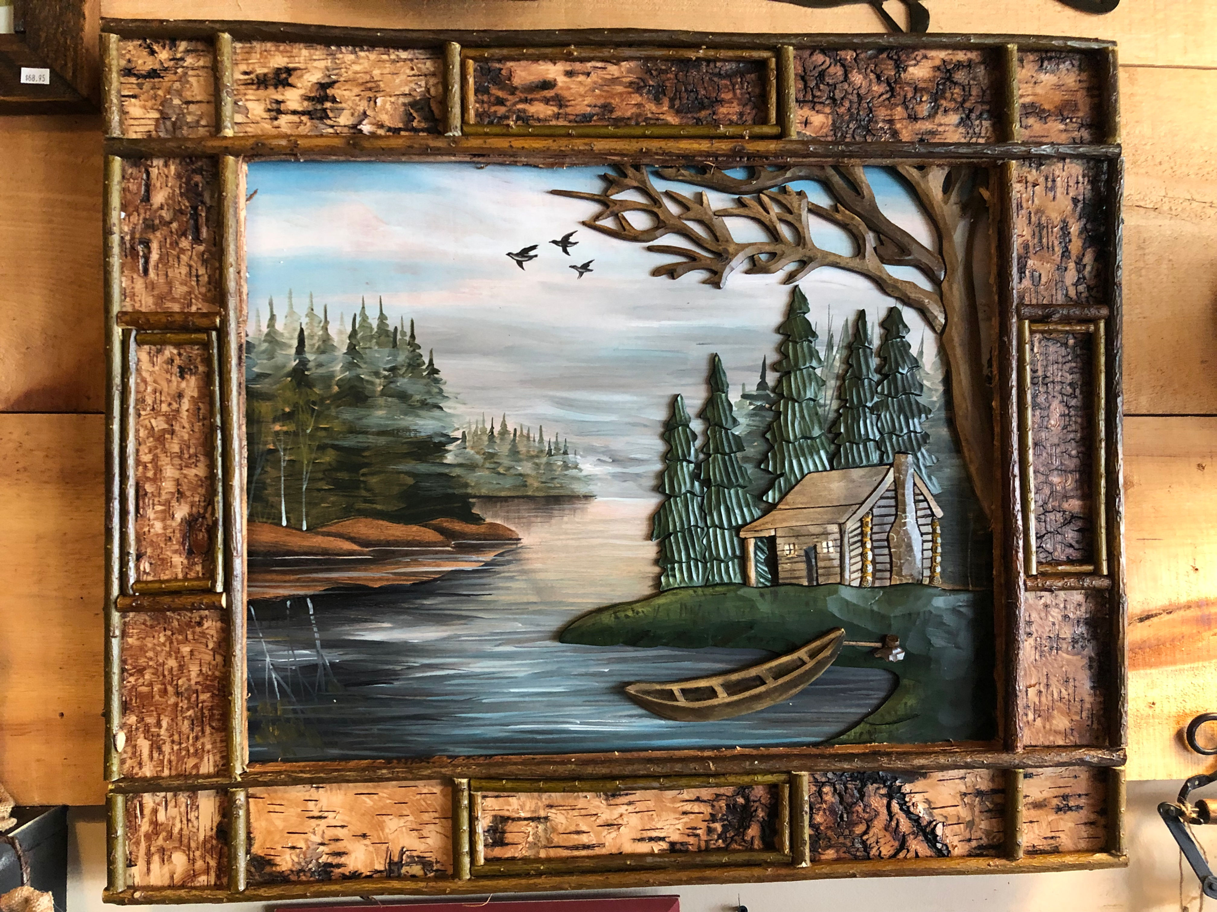 Picture "Cabin & Canoe" With Birch Bark Frame or Log Frame