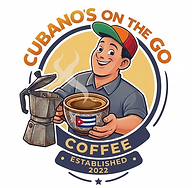 Cubano's On The Go Coffee official brand logo with Cuban flag coffee mug and Cuban pot illustration.