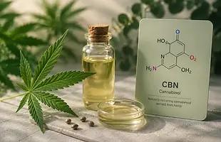Hemp leaves and oil displayed with a CBN cannabinol molecular structure