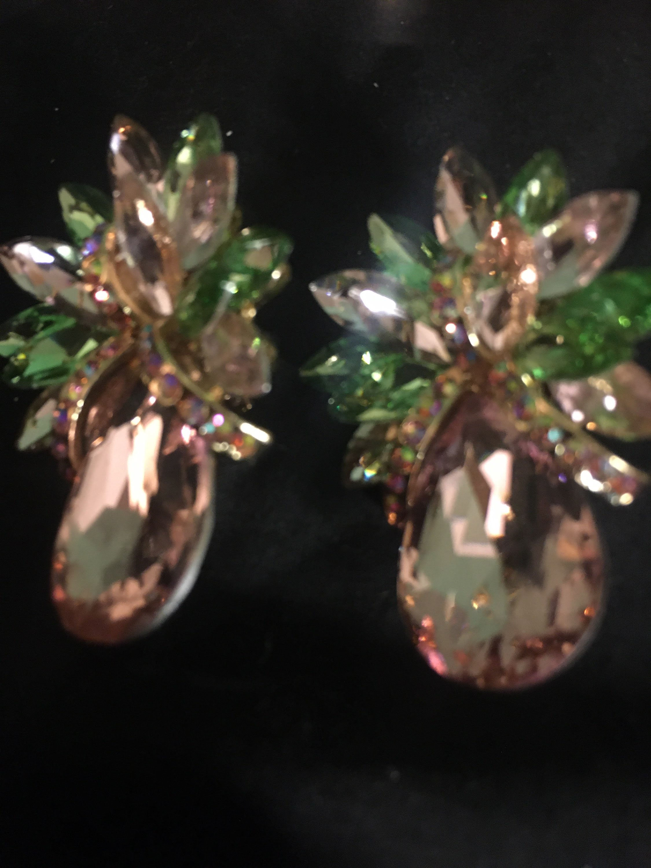Pink and Green Clip On Crystal Earrings