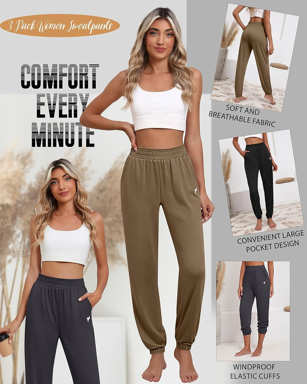 Miniaturbild: Ficerd Paquete de 3 pantalones deportivos para mujer, ajuste holgado, elásticos,