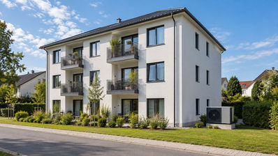 Förderung für Vermieter: Saniertes Mehrfamilienhaus mit heller Fassade, neuen Fenstern und einer Wärmepumpe neben dem Gebäude.