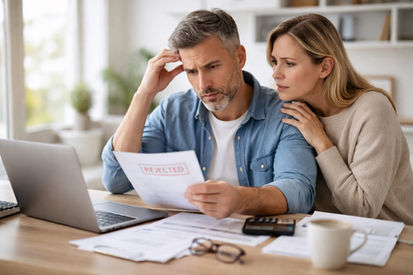 Ein besorgtes Paar schaut auf ein Blatt mit "Kfw Förderung abgelehnt" vor einem Laptop. Auf dem Tisch liegen Dokumente, eine Brille und eine Tasse.
