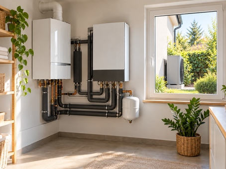 Hybridheizung im Einfamilienhaus: Gasbrennwertkessel und Inneneinheit einer Wärmepumpe nebeneinander im hellen Hauswirtschaftsraum