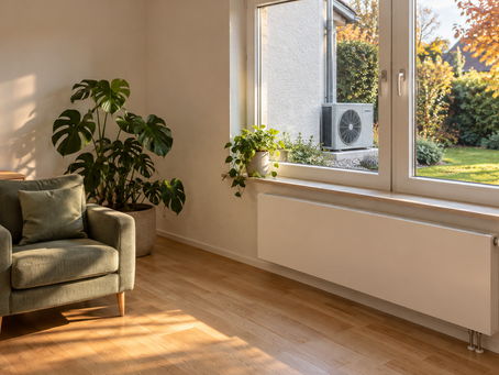 Nachtspeicherheizung ersetzen: neuer Heizkörper im Wohnzimmer und Außengerät einer Wärmepumpe im Garten
