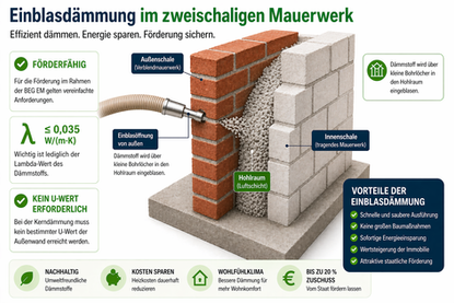 Einblasdämmung im zweischaligen Mauerwerk zur Förderung – Dämmstoff wird in die Luftschicht eingeblasen