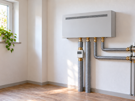 Fernwärme Förderung: moderne Wärmeübergabestation mit gedämmten Fernwärmeleitungen im Hauswirtschaftsraum eines Einfamilienhauses