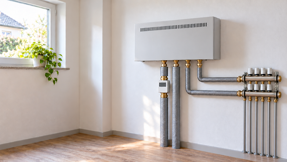 Fernwärme Förderung: moderne Wärmeübergabestation mit gedämmten Fernwärmeleitungen im Hauswirtschaftsraum eines Einfamilienhauses