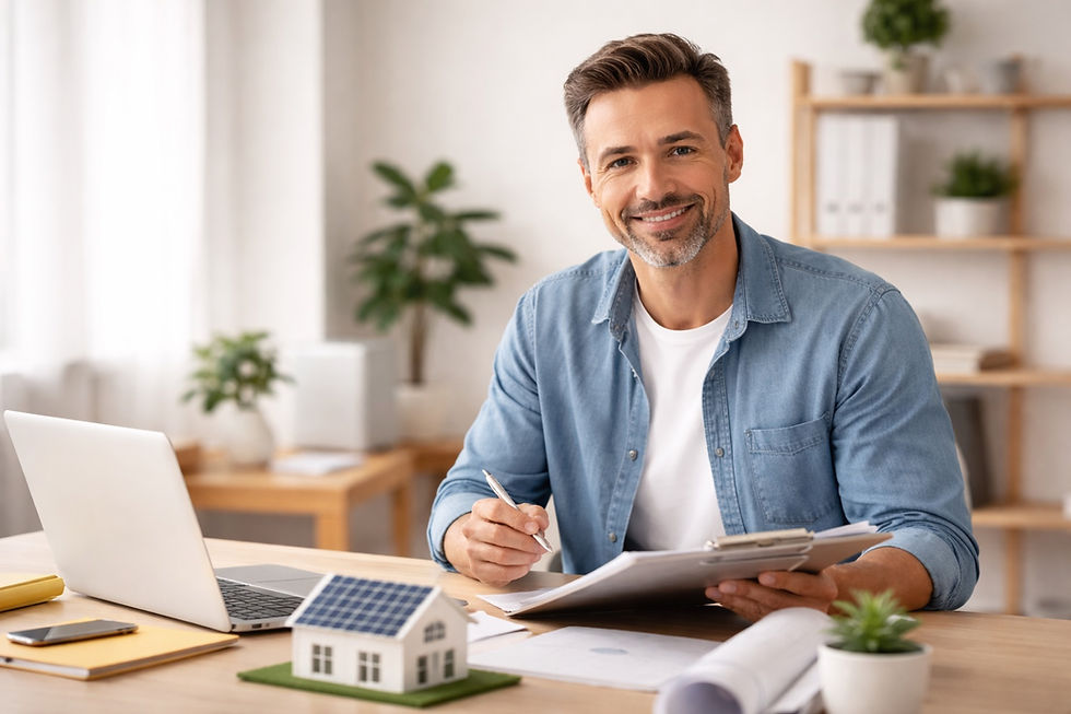 Mann in blauem Hemd lächelt am Schreibtisch mit Laptop und Modellhaus. Pflanzen im Hintergrund. Helle, freundliche Atmosphäre. Er informiert sich darüber ob er eine Energetische Sanierung steuerlich absetzen kann, trotz Förderung.