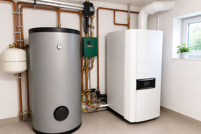 Grauer Boiler und weißer Heizkessel in einem hellen Raum mit Kupferrohren – Symbolbild zur Frage: Förderung Heizung wie lange noch?