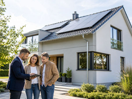 Energieklassen Haus: Modernes energieeffizientes Einfamilienhaus mit gedämmter Fassade, modernen Fenstern und Beratung zur energetischen Bewertung.
