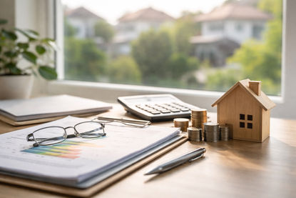 Miniaturhaus, Münzstapel, Brille, und Taschenrechner auf einem Schreibtisch mit Dokumenten mit einer Bafa förderung abgelehnt vor einem sonnigen Fenster; ruhige Atmosphäre.