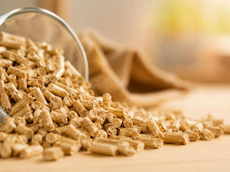 Holzpellets fließen aus einem umgekippten Glas auf eine helle Holzoberfläche. Die Nahaufnahme zeigt den Brennstoff einer Pelletheizung in warmem Licht und unterstützt das Thema Pelletheizung Förderung.