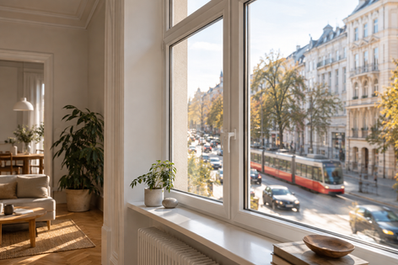 Schallschutzfenster Förderung: neues dreifach verglastes Fenster in einer Altbauwohnung an einer belebten Straße mit Straßenbahn im Hintergrund