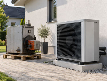 Klimageschwindigkeitsbonus beim Heizungstausch: neue Wärmepumpe ersetzt alte Ölheizung an einem Einfamilienhaus