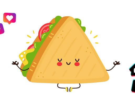 A cartoon sandwich meditating with social media heart icons floating around it.