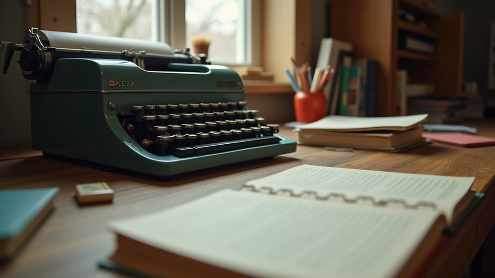 Eye-level view of a cozy writing nook with a vintage typewriter and scattered notes