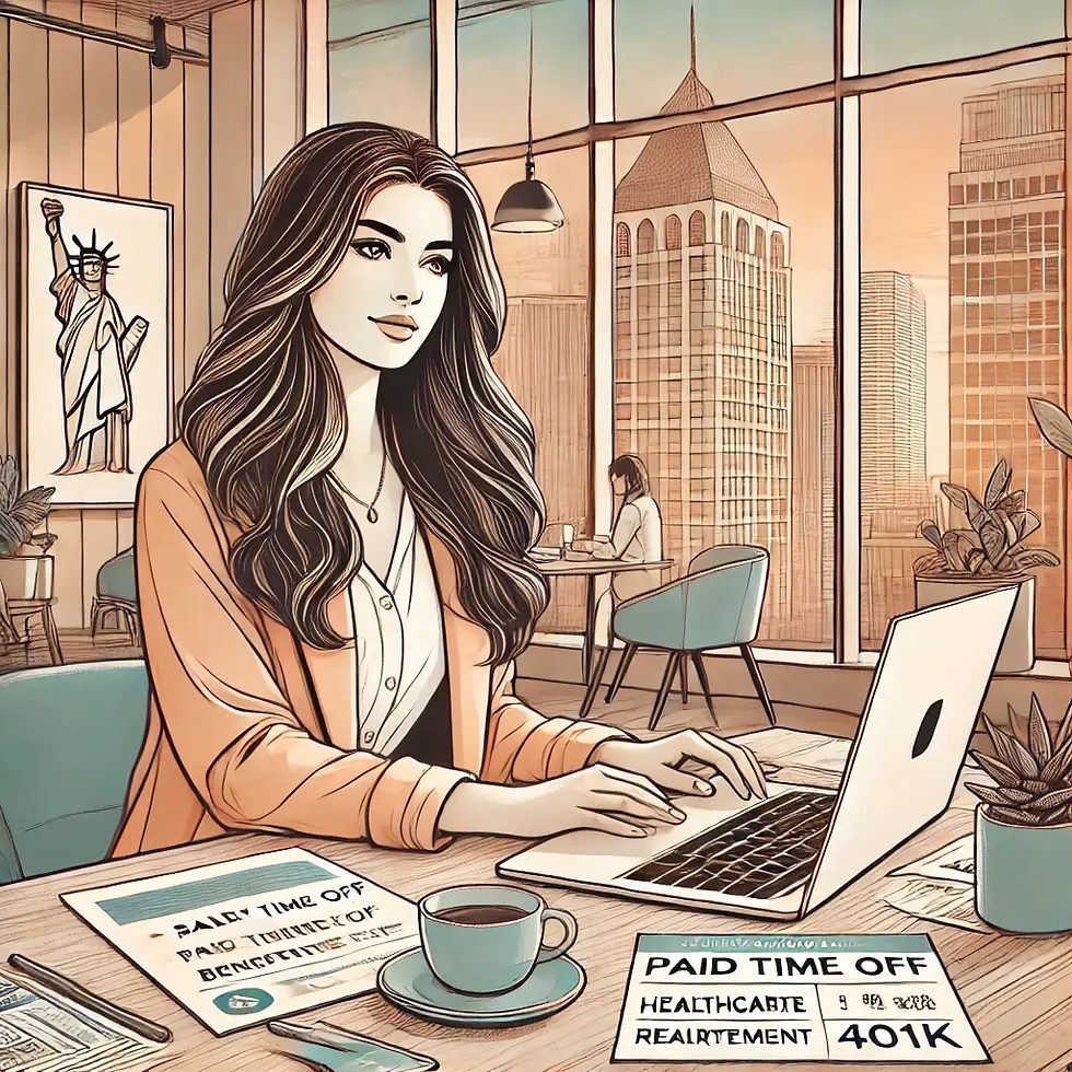 Une illustration moderne représentant une professionnelle française travaillant dans un bureau aux États-Unis. En arrière-plan, on aperçoit la silhouette d'une ville américaine emblématique, symbolisant les opportunités et les avantages du travail aux USA. Les éléments visuels incluent des icônes représentant le salaire, les vacances, la retraite et les assurances, reflétant les thèmes abordés dans l'article.
