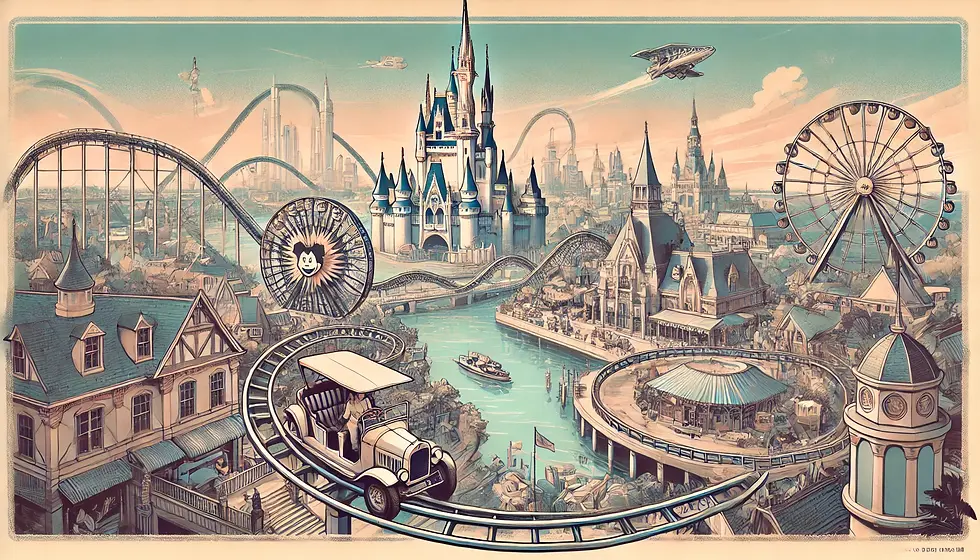 Illustration immersive d’un parc d’attractions en Floride, mettant en scène des montagnes russes spectaculaires, un château féérique en arrière-plan et une ambiance cinématographique. L’image capture l’excitation et l’aventure des parcs à thème, idéale pour un guide de voyage.