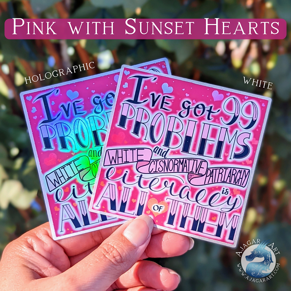 Thumbnail: 2 stickers (holographic and white) with solid pink design background and multicolor hearts