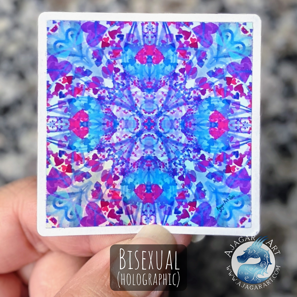 pink, purple and blue of the bisexual pride flag in an abstract symmetrical pattern of lines and hearts holographic sticker