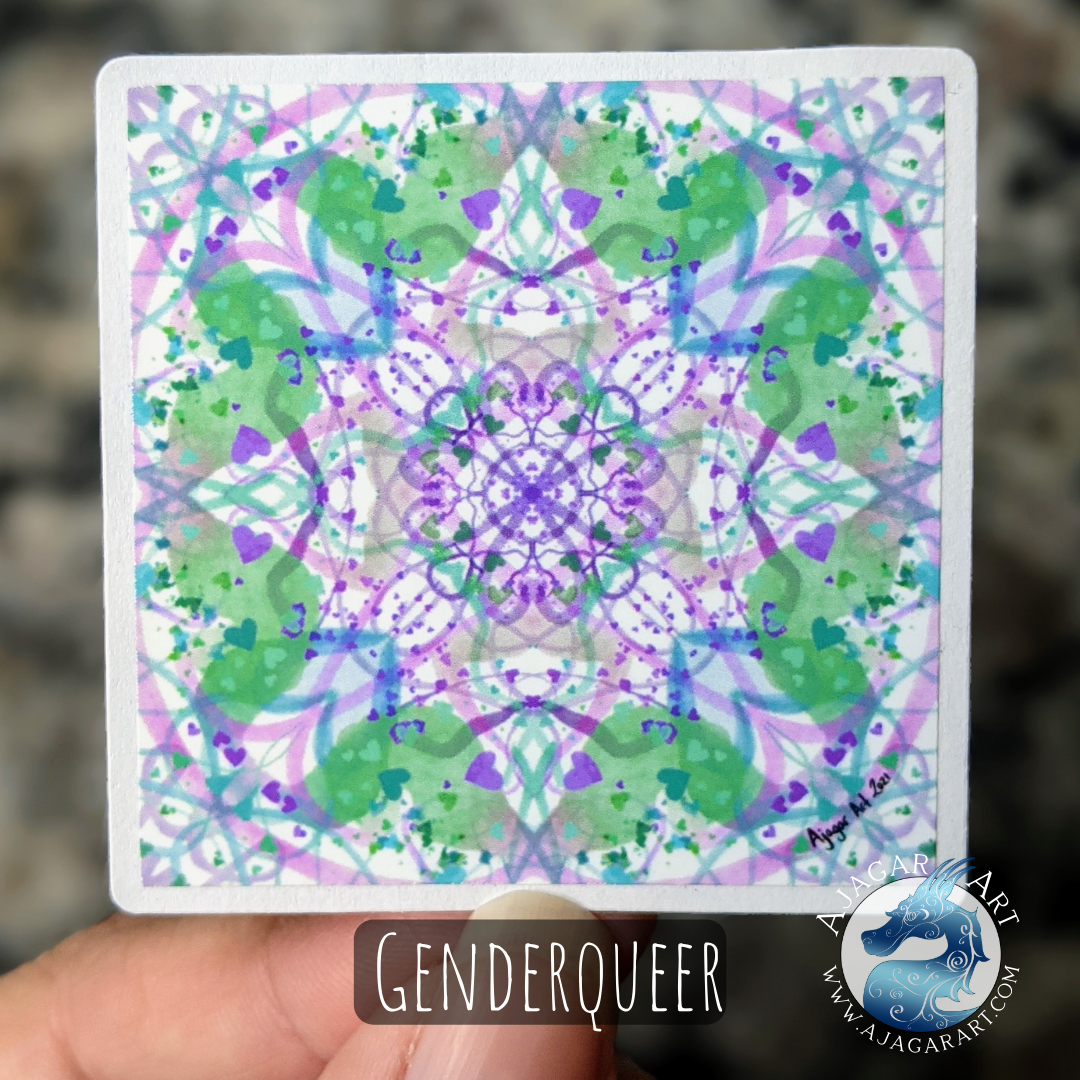 Green, purple, and white of the genderqueer pride flag in an abstract symmetrical pattern of lines and hearts sticker